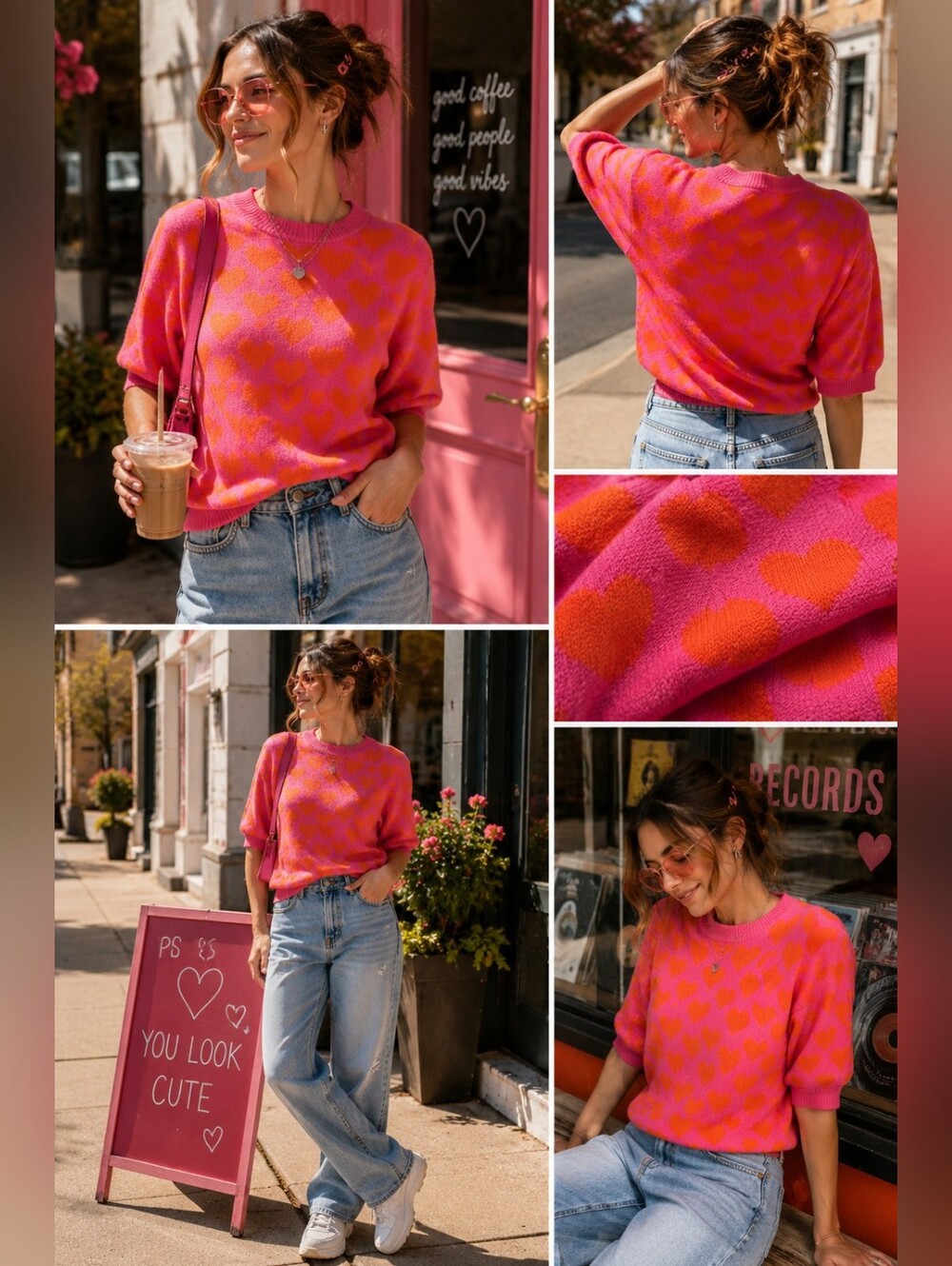 THML Pink Orange Heart Sweater Size Small Boutique Knit Cozy Cute